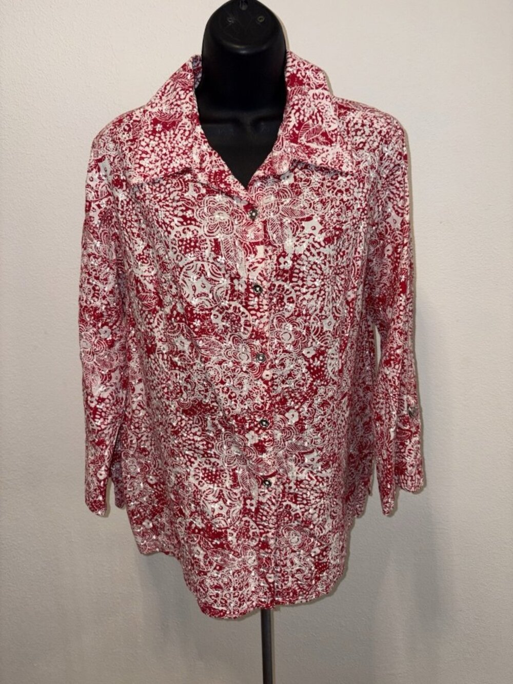 JM Collections Blouse Top Women’s 14 W Button Front Roll Tab